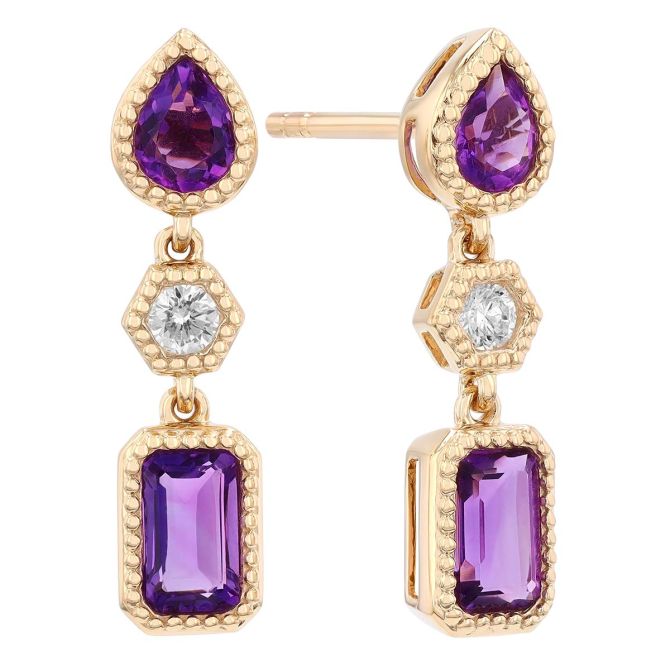 Mixed Shape Amethyst & Diamond Dangle Earrings in Yellow Gold