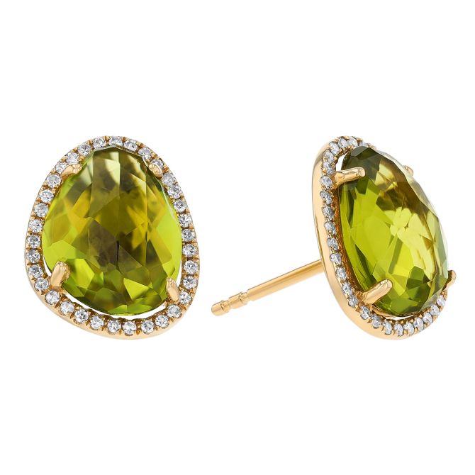 Peridot Freeform Oval & Diamond Halo Stud Earrings in Yellow Gold