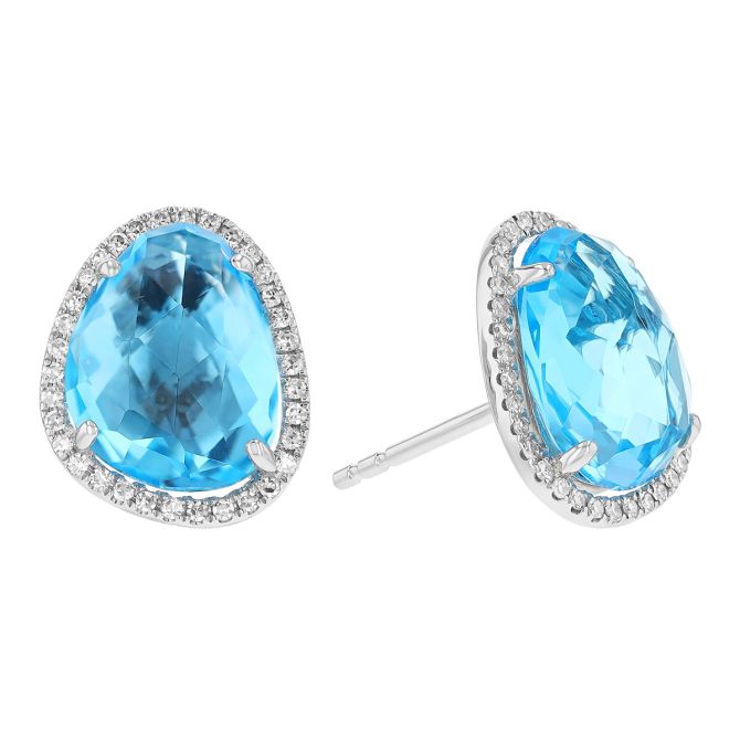 Swiss Blue Topaz Freeform Oval & Diamond Halo Stud Earrings in White Gold