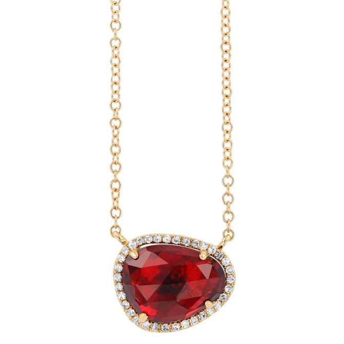 Freeform Garnet & Diamond Halo Pendant in Yellow Gold