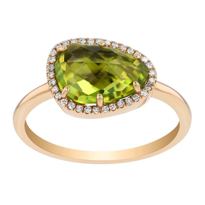 Freeform Peridot & Diamond Halo Ring in Yellow Gold