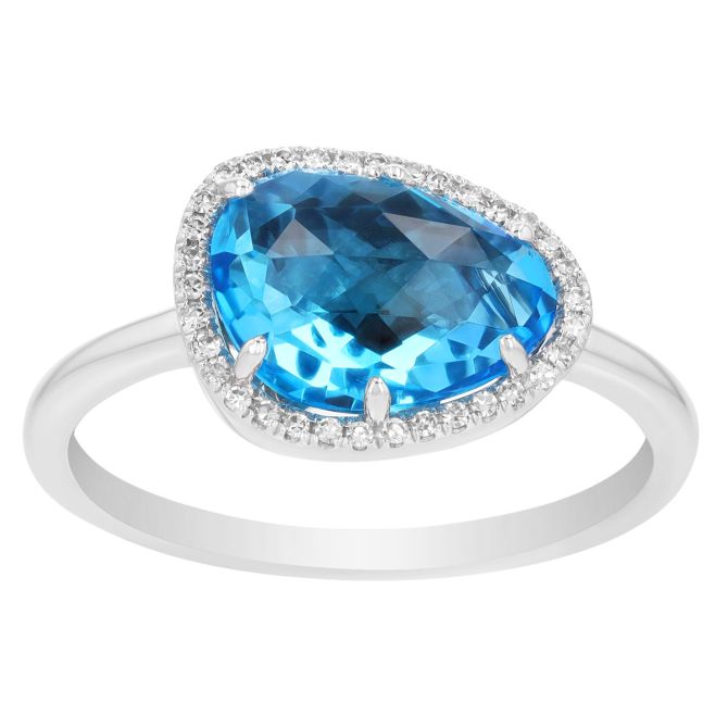 Freeform Blue Topaz & Diamond Halo Ring in White Gold