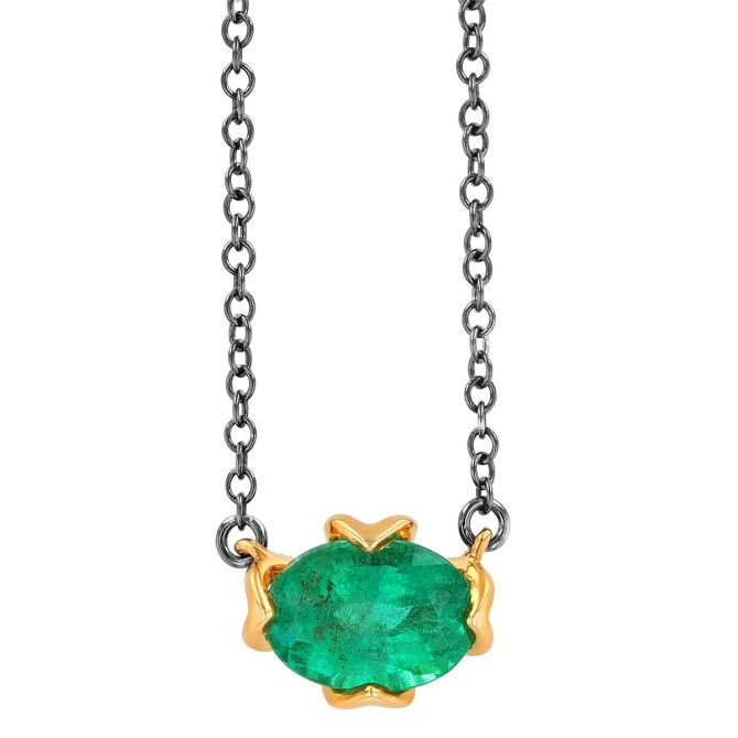 Oval Emerald Pendant in Yellow Gold & Black Rhodium