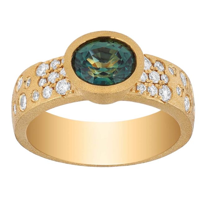 Bezel Set Oval Sapphire & Flush Set Diamond Ring in Yellow Gold