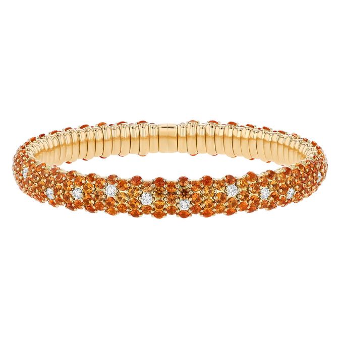 Zydo Orange Sapphire & Diamond Pave Rounded Stretch Bracelet in Yellow Gold