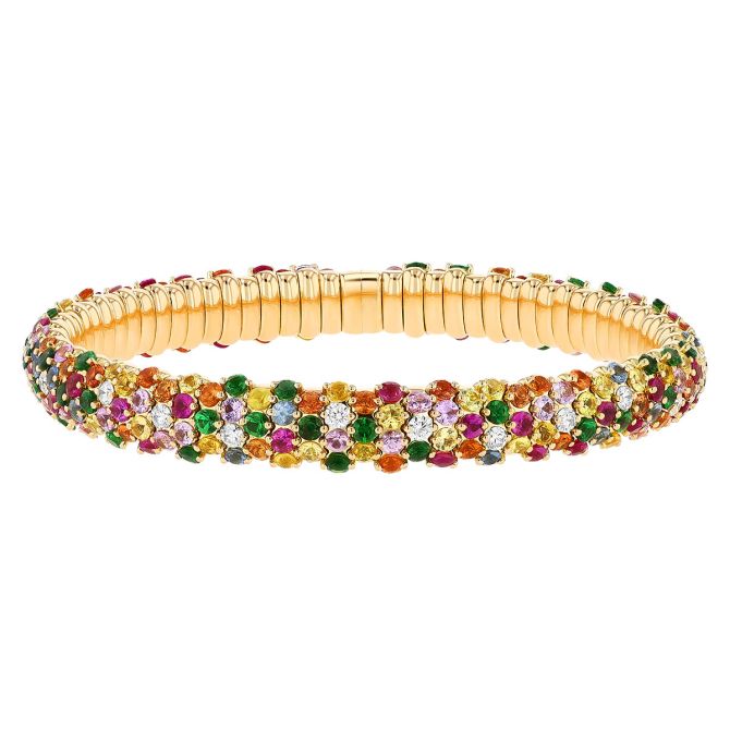 Zydo Multicolored Sapphire, Tsavorite Garnet & Diamond Pave Stretch Bracelet in Yellow Gold