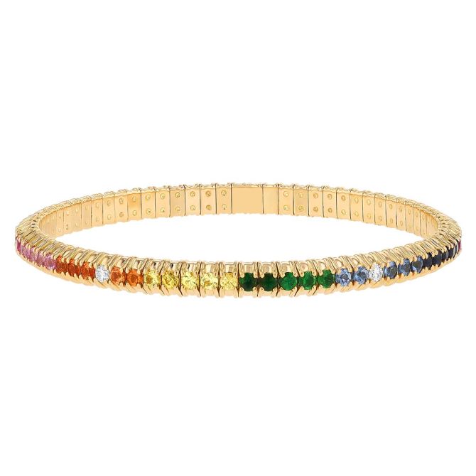 Zydo Multicolored Sapphire, Tsavorite Garnet & Diamond Rainbow Stretch Tennis Bracelet in Yellow Gol