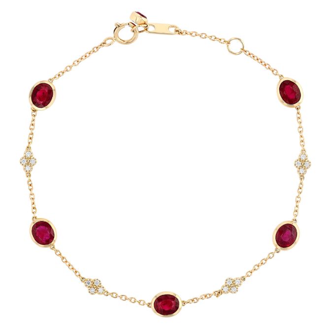 5 Oval Ruby & Diamond Cluster Station Bracelet in Yellow Gold, 7"