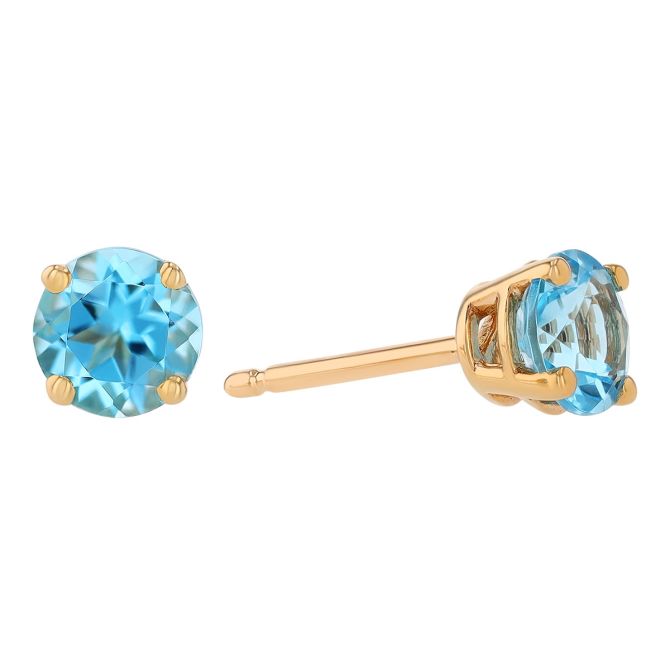 Round Blue Topaz Stud Earrings in Yellow Gold, 5 mm