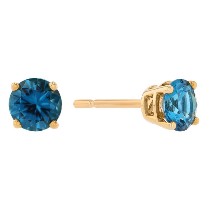 Round London Blue Topaz Stud Earrings in Yellow Gold, 5 mm