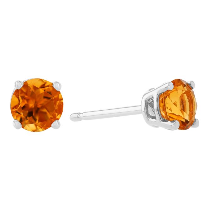 Round Citrine Stud Earrings in White Gold, 5 mm