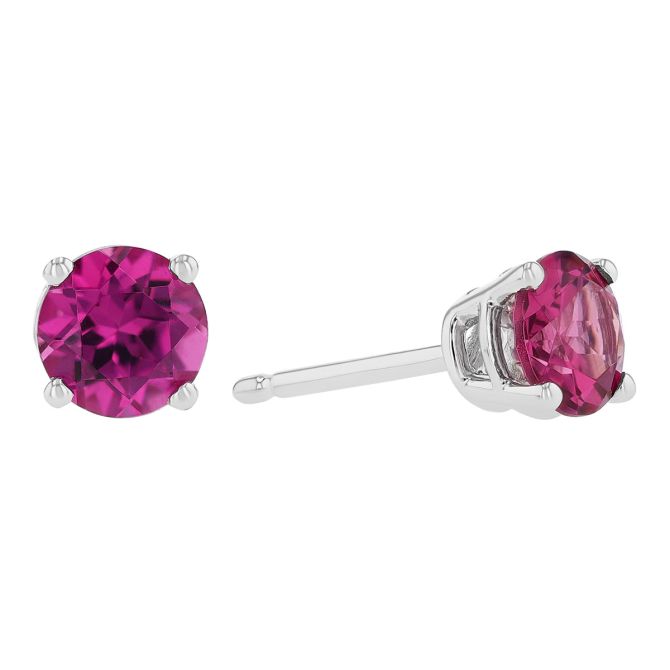 Round Pink Garnet Stud Earrings in White Gold, 5 mm