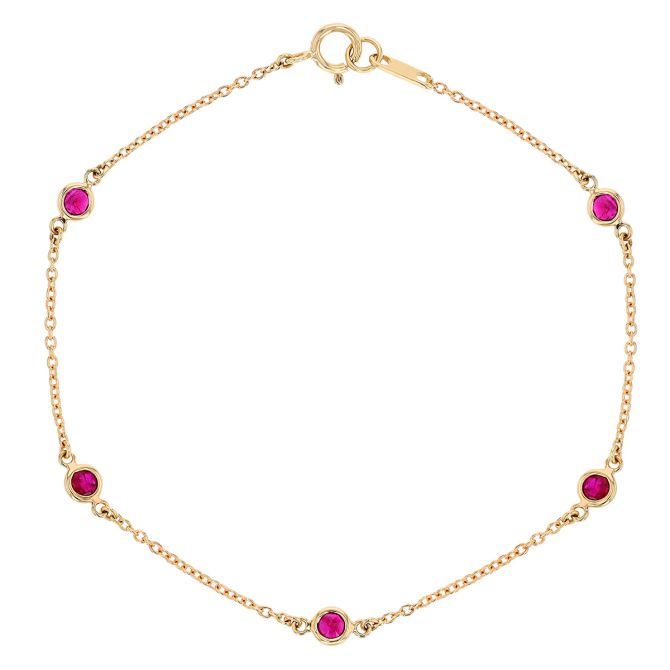 Bezel Set Round Ruby Station Bracelet in Yellow Gold, 7"