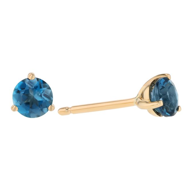 Round London Blue Topaz Stud Earrings in Yellow Gold, 4 mm