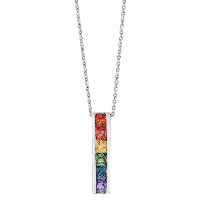 Multicolored Princess Cut Sapphire Channel Set Vertical Bar Pendant in White Gold