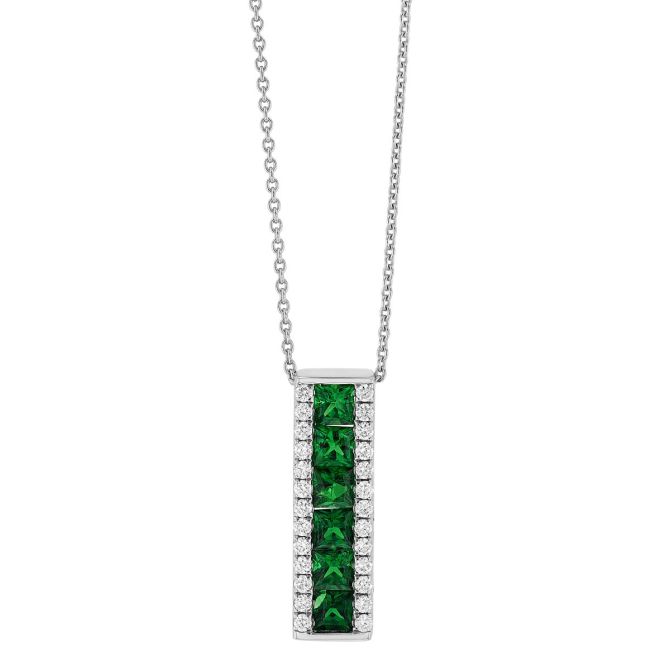 Princess Cut Tsavorite Garnet & Diamond Channel Set Vertical Bar Pendant in White Gold