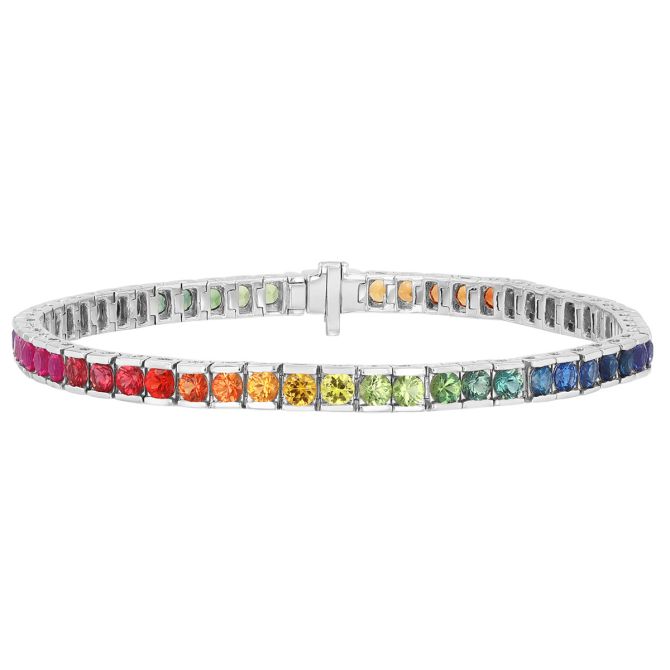 Multicolored Rainbow Sapphire Bar Set Tennis Bracelet in White Gold, 7.75"