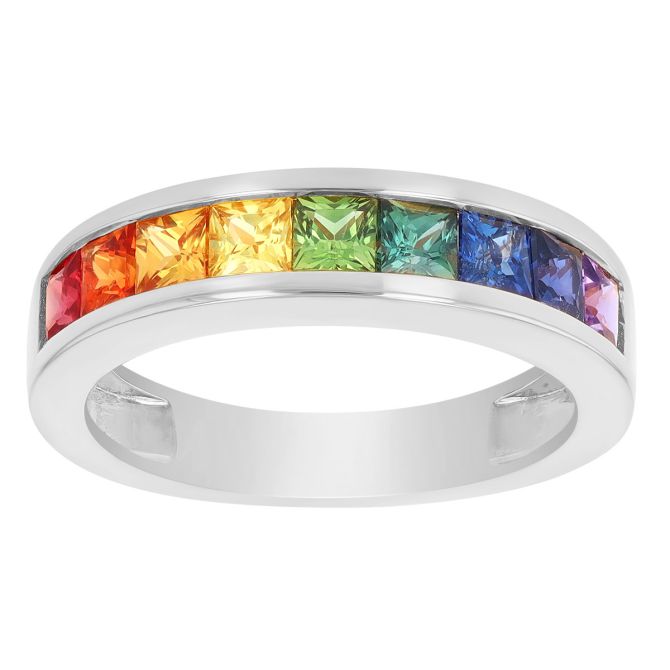 Princess Cut Rainbow Sapphire Channel Set Ring in White Gold