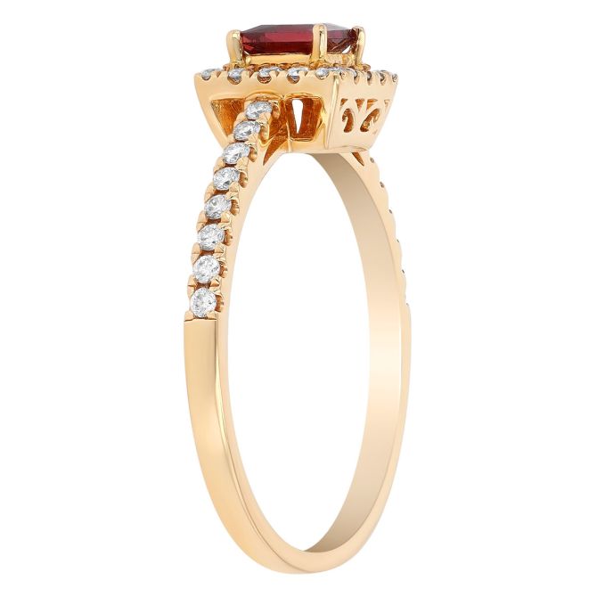 Princess Cut Ruby & Diamond Halo Ring in Yellow Gold