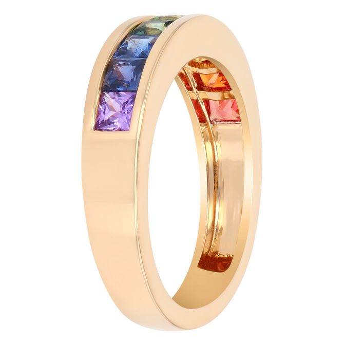 Princess Cut Rainbow Sapphire Channel Set Ring in Yellow Gold