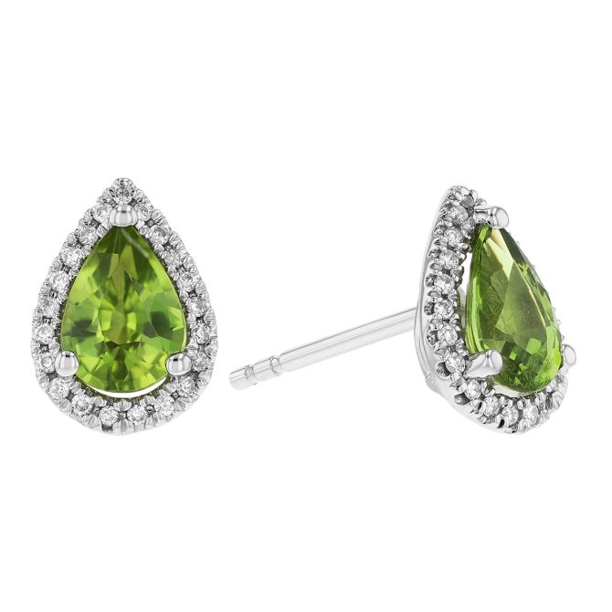 Pear Shaped Green Sapphire & Diamond Halo Stud Earrings in White Gold