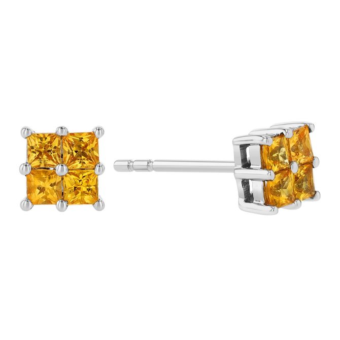 Yellow Sapphire 4 Stone Square Stud Earrings in White Gold