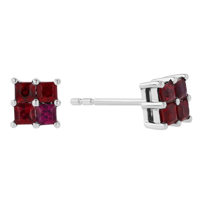 Ruby 4 Stone Square Stud Earrings in White Gold