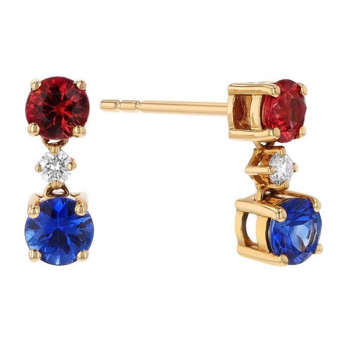 Round Ruby, Sapphire and Diamond 3 Stone Drop Earrings in Yellow Gold