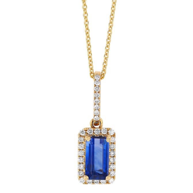 Emerald Cut Blue Sapphire & Diamond Halo Pendant in Yellow Gold