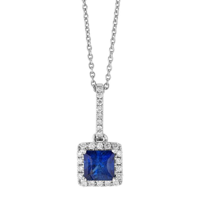 Princess Cut Blue Sapphire & Diamond Halo Pendant in White Gold