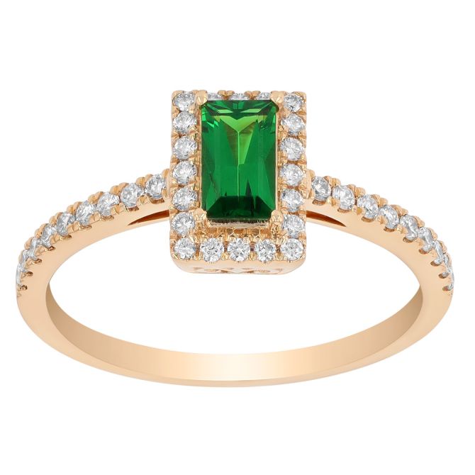 Emerald Cut Tsavorite Garnet & Diamond Halo Ring in Yellow Gold