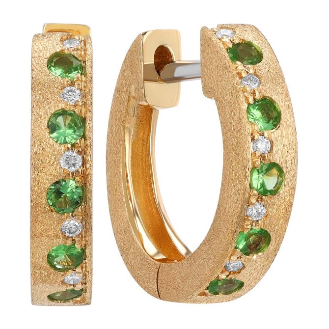 Tsavorite Garnet & Diamond Alternating Huggie Hoop Earrings in Yellow Gold