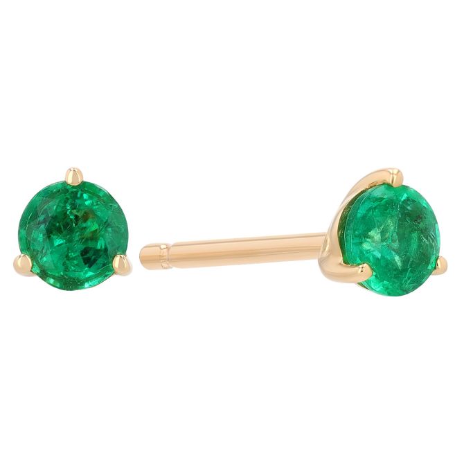 Round Emerald Stud Earrings in Yellow Gold, 3.5 mm