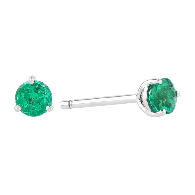 Round Emerald Stud Earrings in White Gold, 3.5 mm