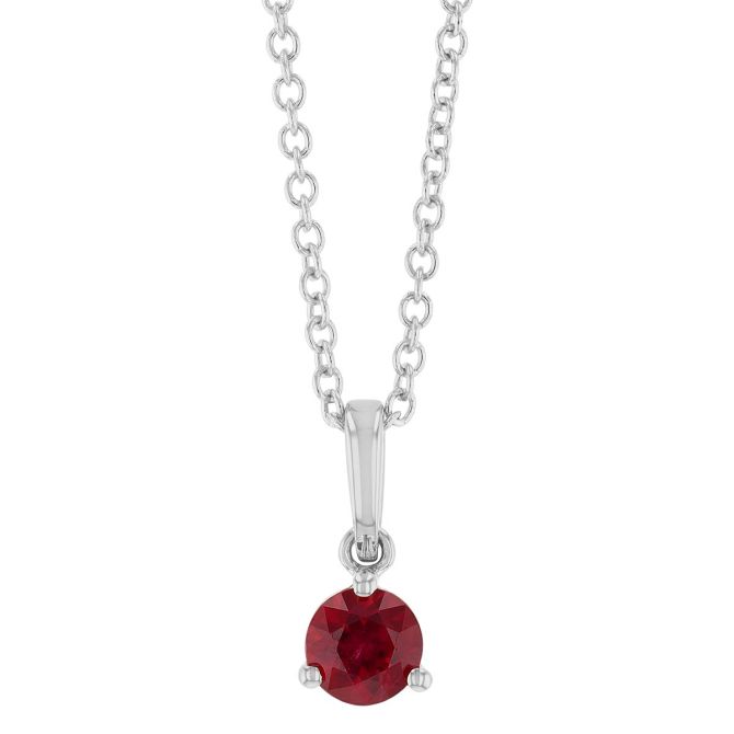 Round Ruby Solitaire Pendant in White Gold, 18"