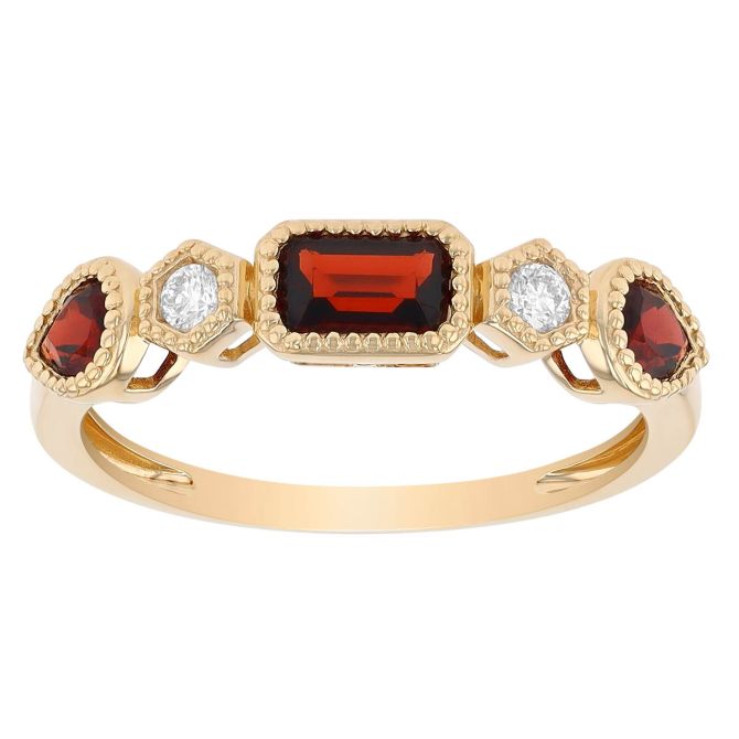 Garnet & Diamond Multi Shape Milgrain Band Ring in Yellow Gold