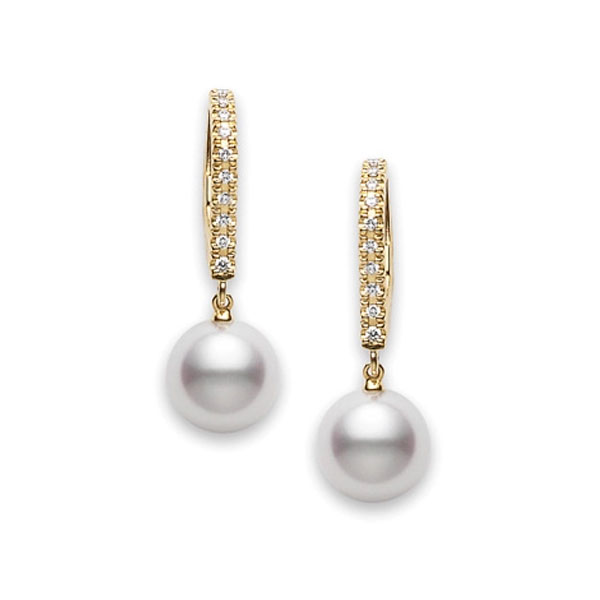 Mikimoto Akoya Cultured Pearl & Diamond Dangle Earrings in Yellow Gold