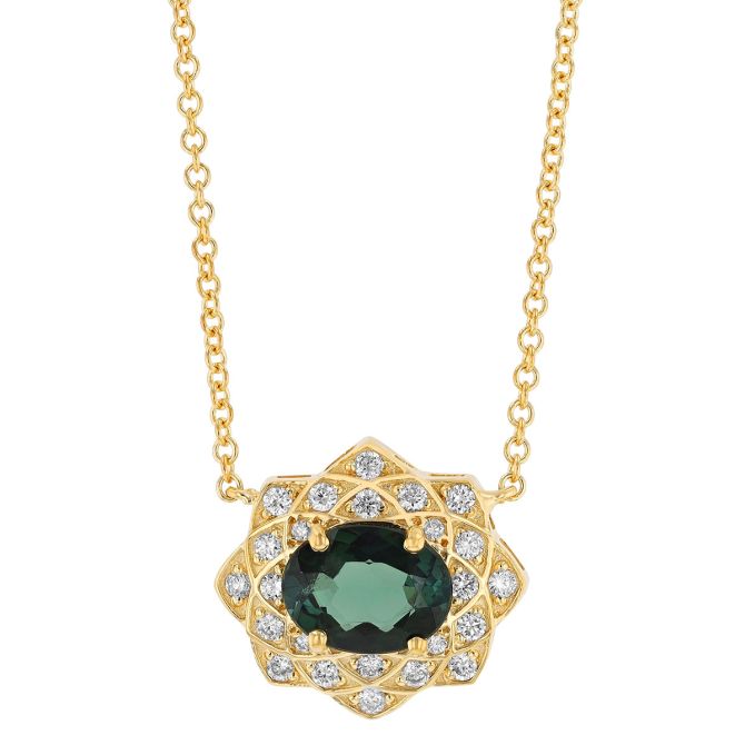 Marika Oval Green Tourmaline & Diamond Lotus Halo Necklace in Yellow Gold, 18"