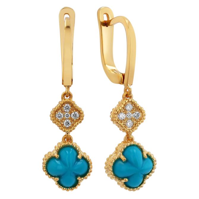 Marika Turquoise & Diamond Pave Clover Double Drop Earrings in Yellow Gold