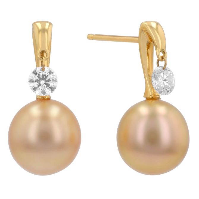 TARA Pearls Golden South Sea Cultured Pearl Drop Earrings with Dancing Diamonds in Yellow Gold