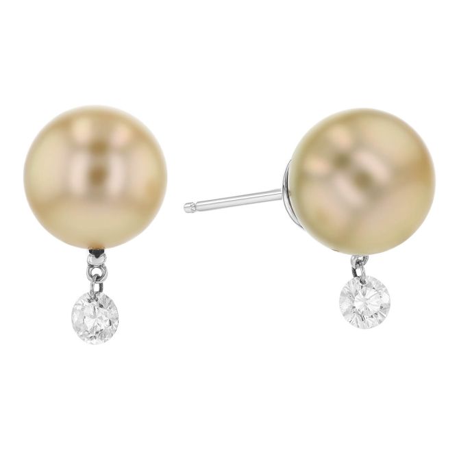 TARA Pearls Light Golden South Sea Cultured Pearl & Dancing Diamond Stud Earrings in White Gold