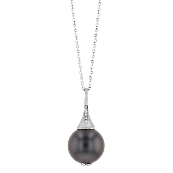 TARA Pearls Black Tahitian South Sea Cultured Pearl Pendant with Diamond Bail in Satin White Gold, 1