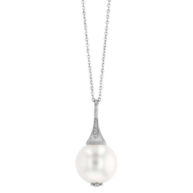 TARA Pearls White Cultured Pearl Pendant with Diamond Bail in Satin White Gold, 18"