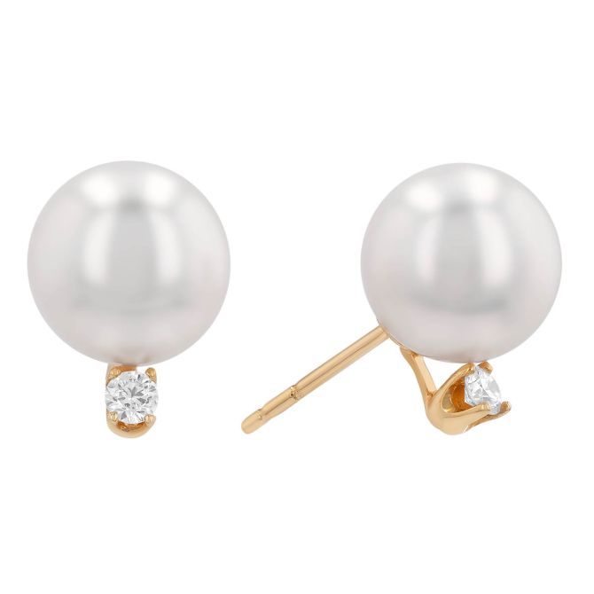 TARA Pearls White Cultured Pearl & Diamond Stud Earrings in Yellow Gold