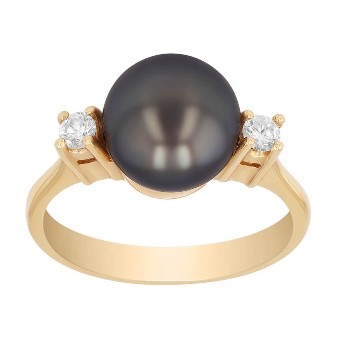 TARA Pearls Black Tahitian South Sea Cultured Pearl & Diamond 3 Stone Ring in Yellow Gold