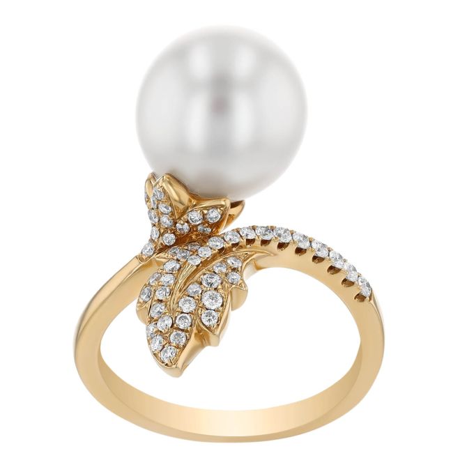 TARA Pearls White South Sea Cultured Pearl & Diamond Pave Leaf Bypass Ring in Yellow Gold