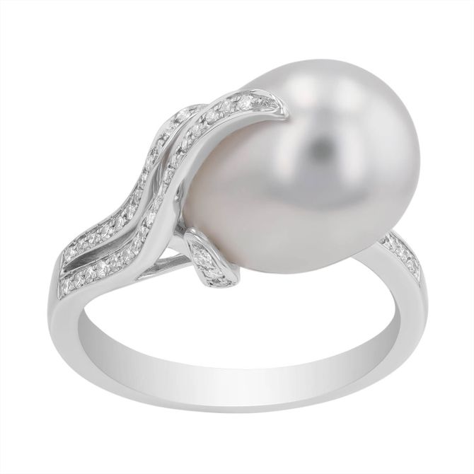 TARA Pearls White South Sea Cultured Pearl & Diamond Swirl Ring in White Gold