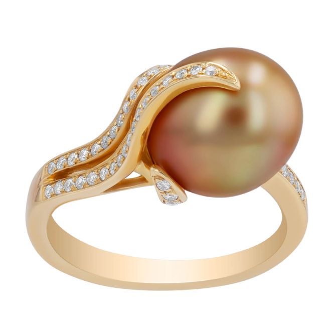 TARA Pearls Golden South Sea Cultured Pearl & Diamond Swirl Ring in Yellow Gold