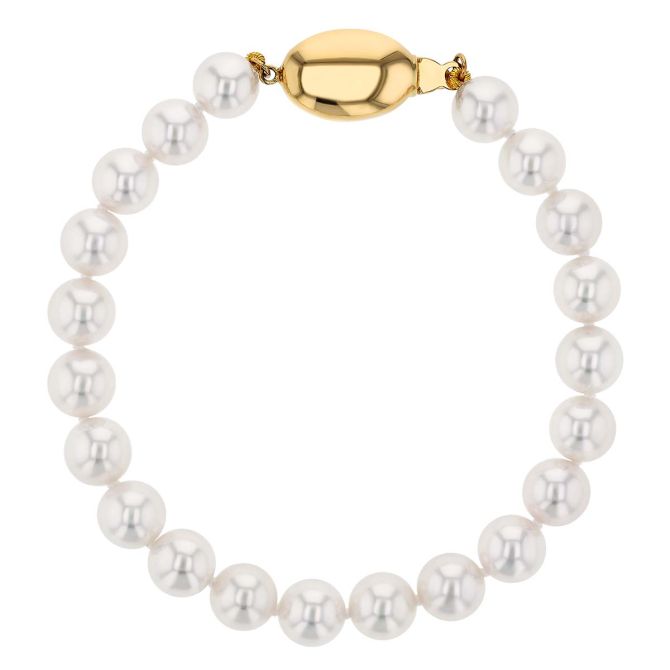 TARA Pearls White Cultured Pearl Strand Bracelet with Warren Buffett Signature Yellow Gold Clasp