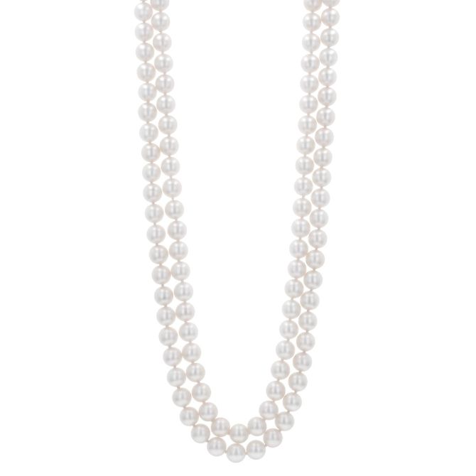 TARA Pearls White Cultured Pearl Double Strand Necklace with Diamond White Gold Clasp, 17.5"